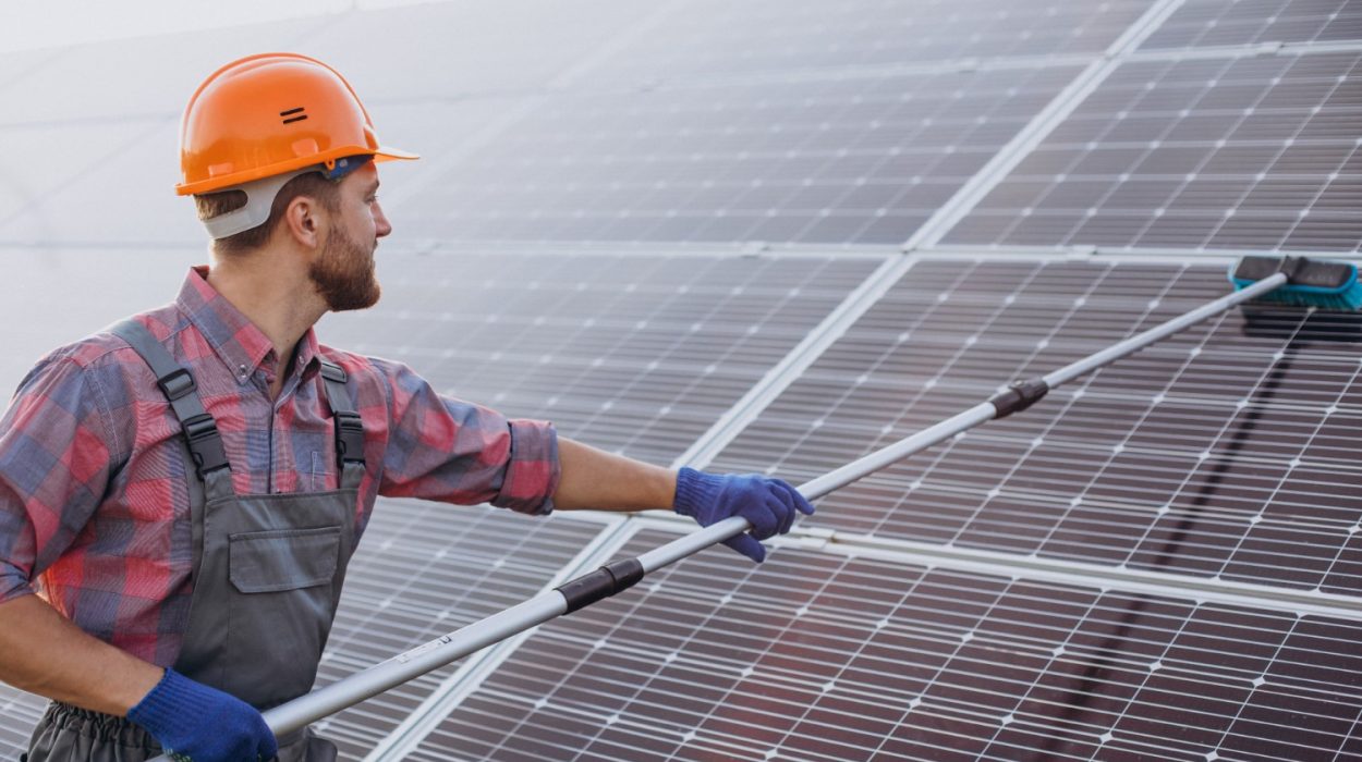 Na zdjęciu usługa mycia paneli fotowoltaicznych na farmie fotowoltaicznej przez specjalistę.