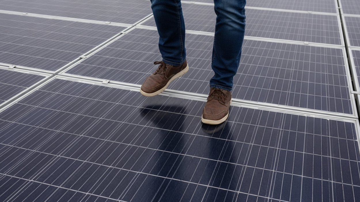Czy można chodzić po panelach fotowoltaicznych, jak mężczyzna na zdjęciu?